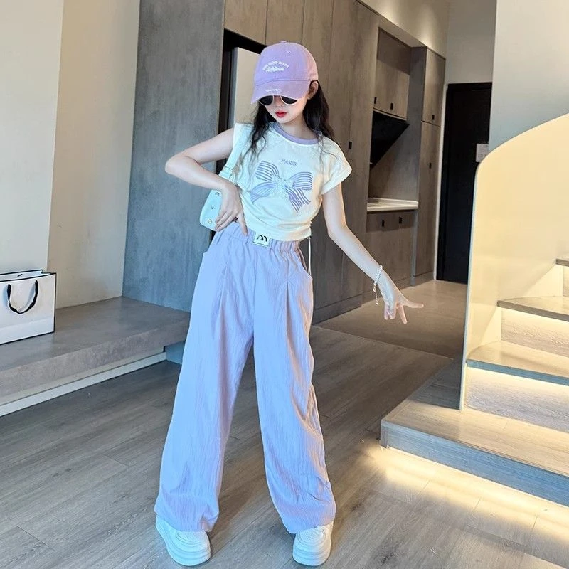 女童中大童短袖休闲套装时髦洋气蝴蝶结拼接撞色长裤儿童两件套潮