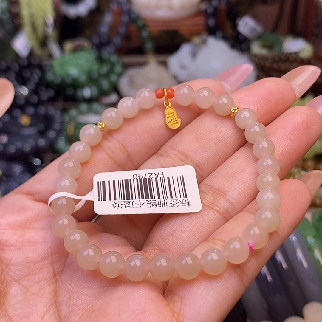 和田玉未镶嵌颈饰藕粉老熟料红粉约6mm手串