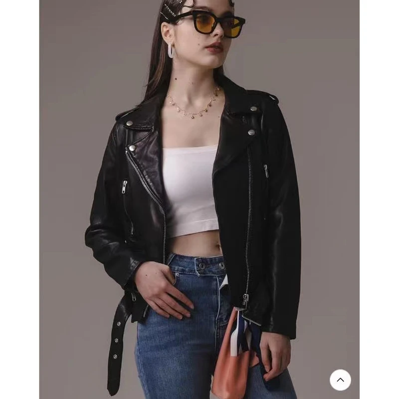 PJL新款女士短款时尚真皮休闲修身翻领绵羊皮水洗机车皮衣Z