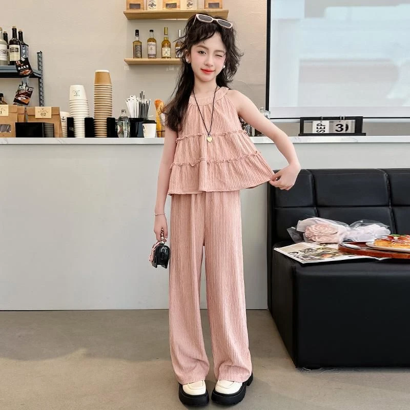 女童中大童无袖休闲套装时髦洋气春夏新款粉色皱褶拼接儿童两件套