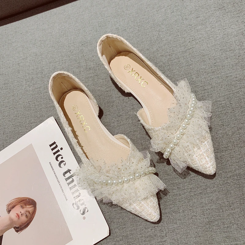 网纱尖头侧空软底单鞋仙女风呢子布浅口百搭温柔鞋2025春夏新