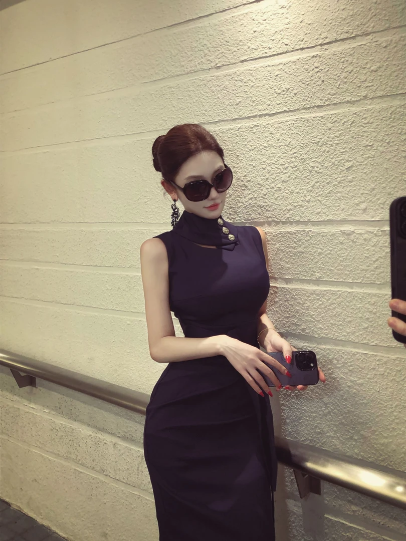 WW原创「郁色水波」气质时尚休闲女士夏季无袖显瘦小众设计感连衣裙