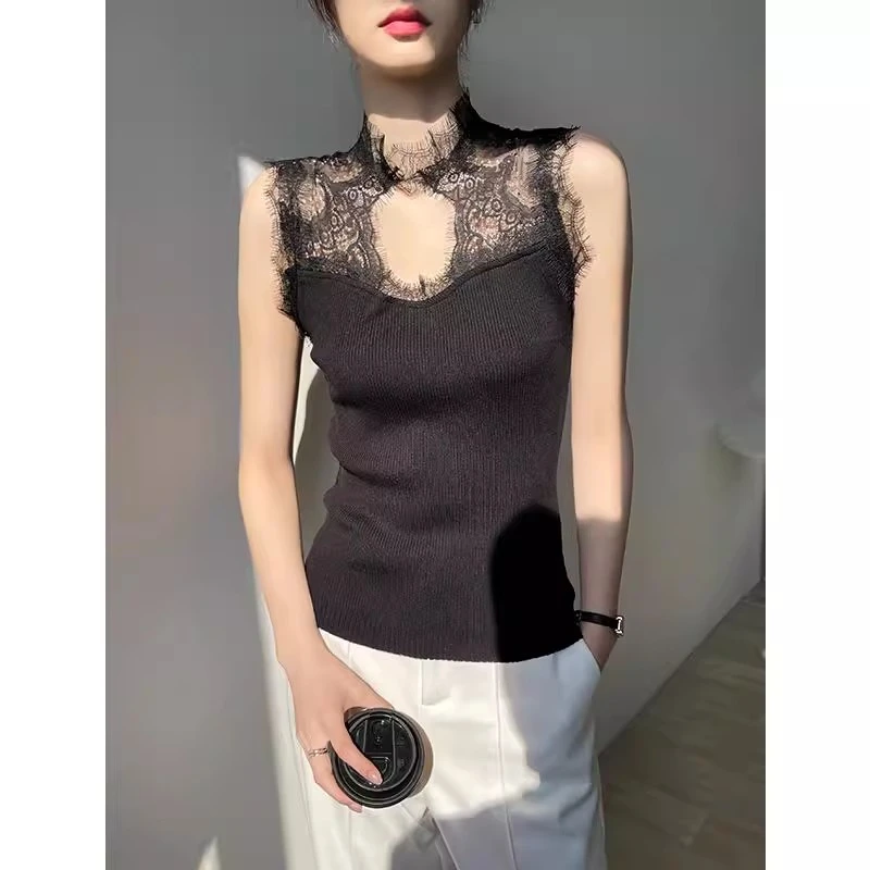 黑色蕾丝拼接吊带背心女春秋季2025新款镂空无袖内搭上衣外穿针织