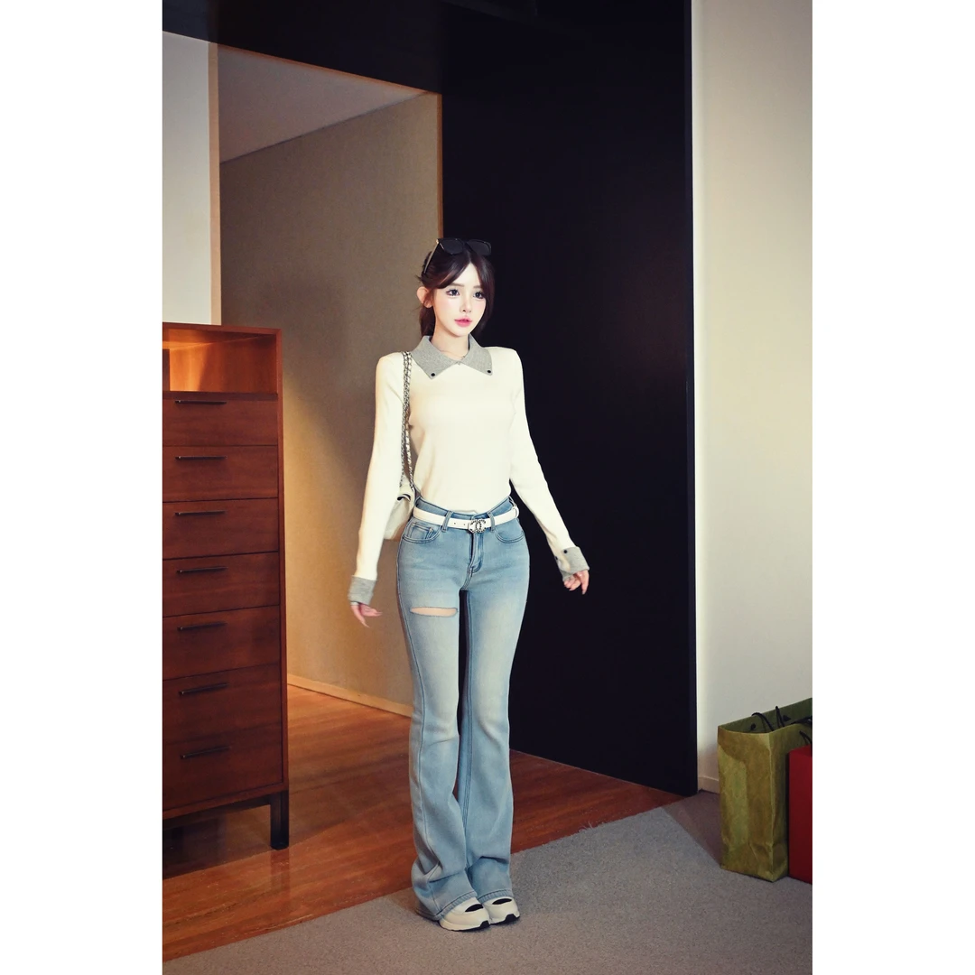 TUTU【艺高转校生】羊毛重工螺纹针织修身显瘦上衣长袖T恤#CT1611