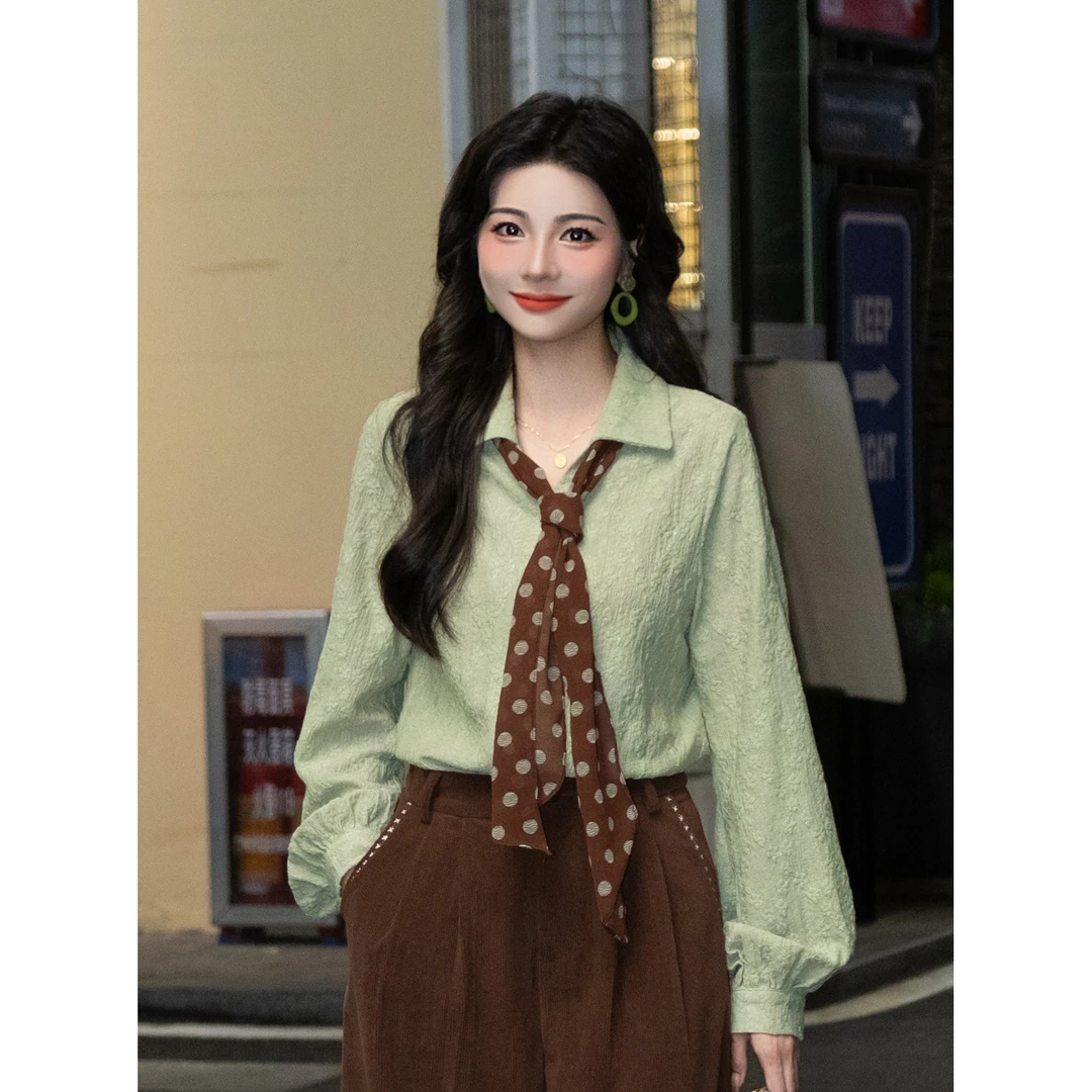 LIJIUJIU【琉森漫歌】气质长袖百搭复古显瘦针织肌理衬衫YY25090107