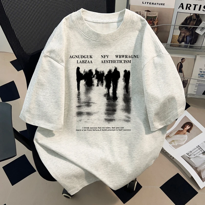 jtrt美式复古倒影短袖T恤男女士欧美高街高级感痞帅上衣体恤情侣