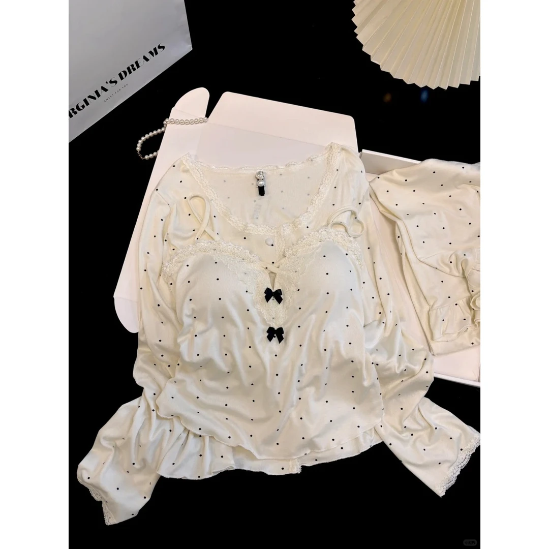【甜美少女波点】睡衣女夏季2025新款舒适带胸垫吊带家居服套装