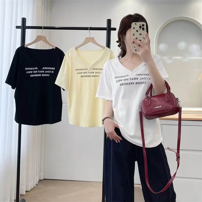 大码胖mm字母印花V领正肩短袖T恤女夏季新款遮肉显瘦休闲百搭上衣