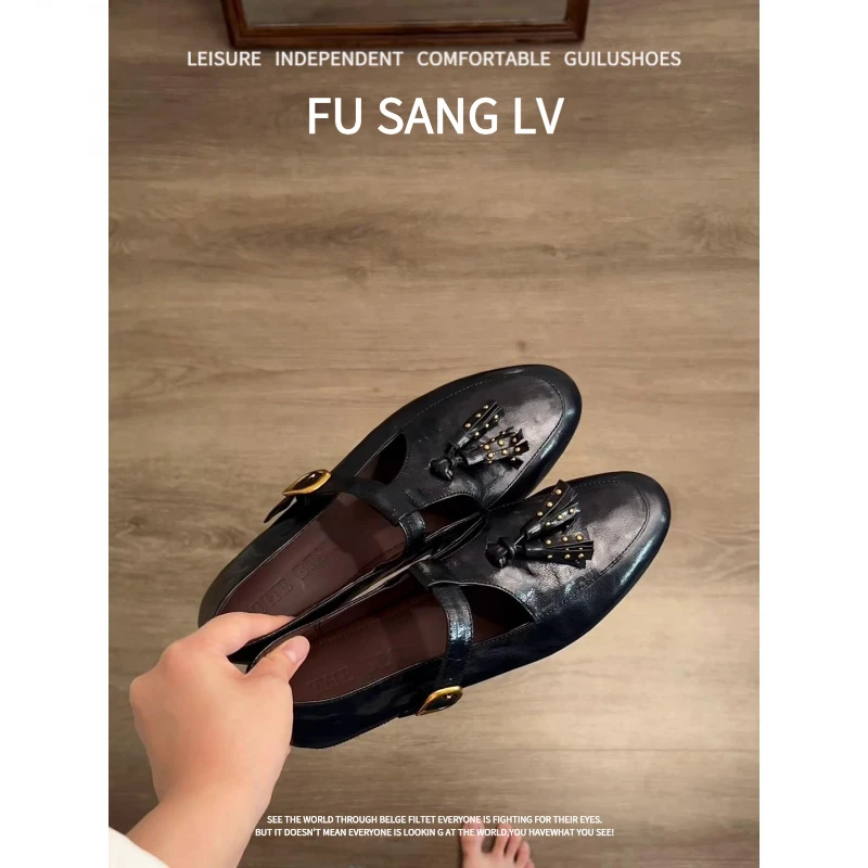 羊皮版~2025新款法式复古玛丽珍鞋女方头小皮鞋平底一字带单鞋女