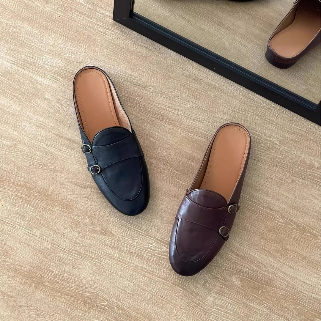 HUSSLOVE 头层牛皮·跟高1CM·复古水洗百搭简约包头穆勒拖