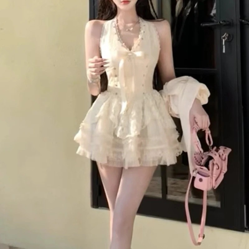 纯欲风挂脖无袖连衣裙女夏季公主裙收腰蓬蓬蛋糕短裙子显瘦气质