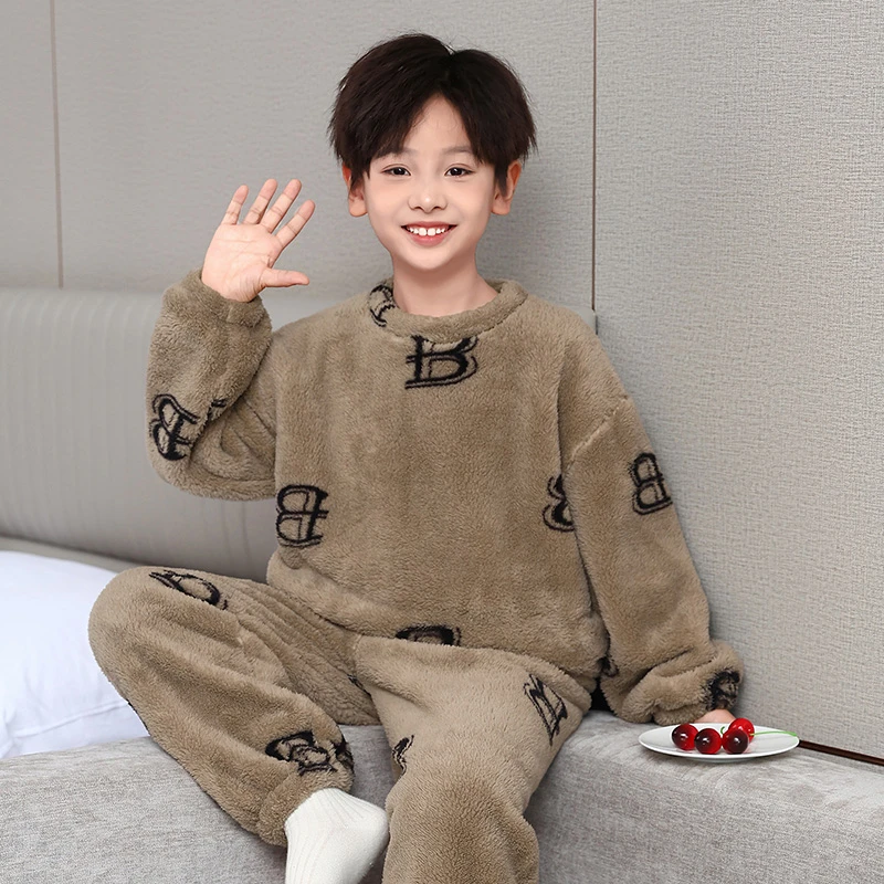儿童装男童睡衣秋冬款加绒冬季加厚法兰绒男孩家居服珊瑚绒中大童