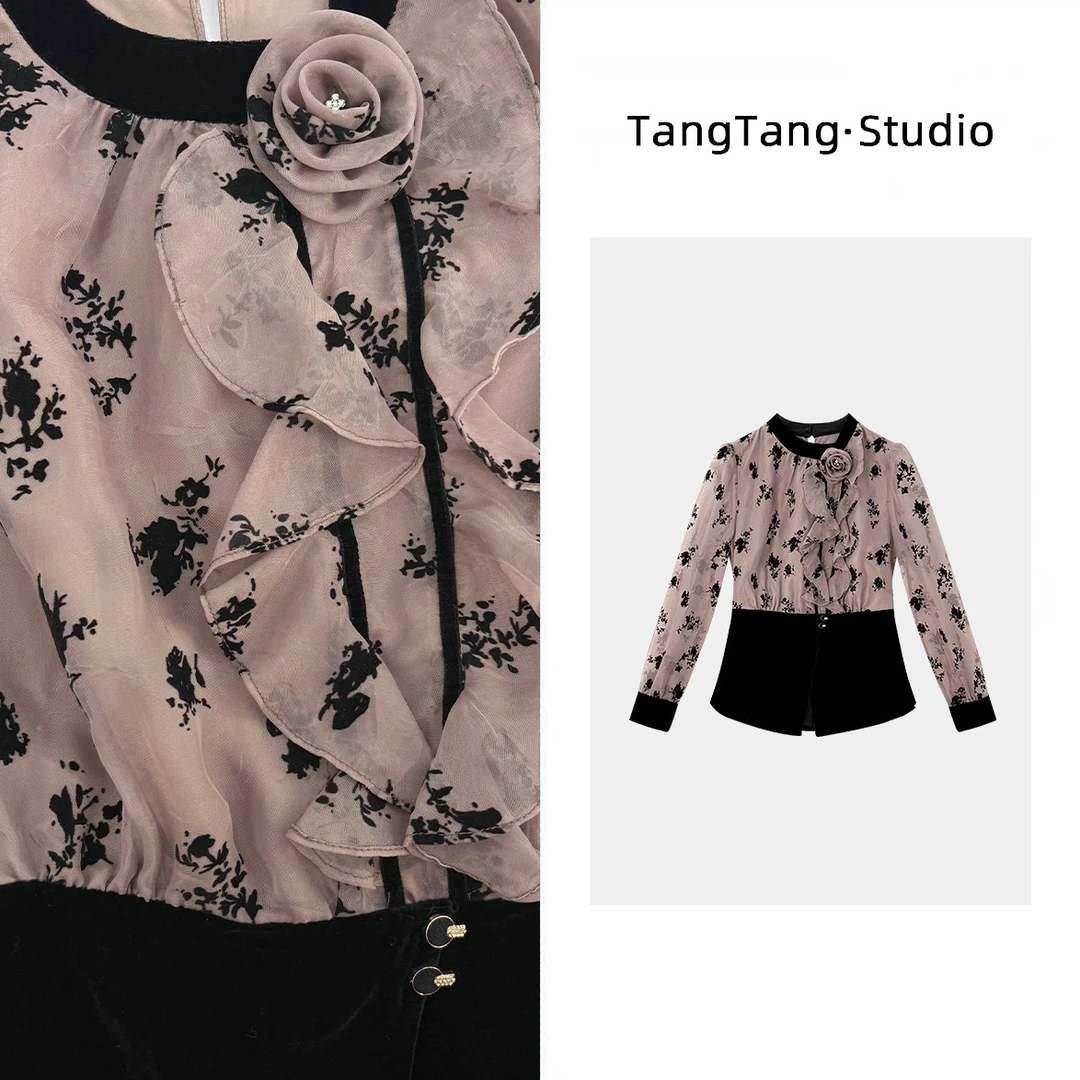 【TangTang·Studio】多肉玫瑰丝绒上衣气质时尚显瘦女装上衣-259558