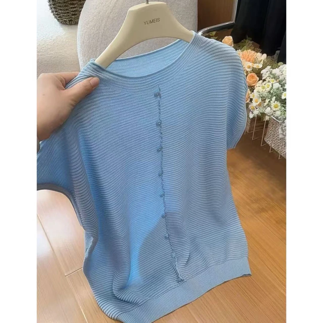 丽丽家~花边蓝圆领条纹薄款短袖针织衫上衣