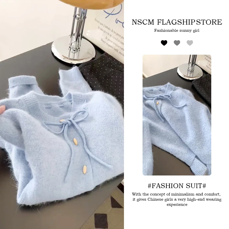 NSCM秋冬新款女装禅意仙气飘飘韩系假两件系带蝴蝶结单排扣上衣