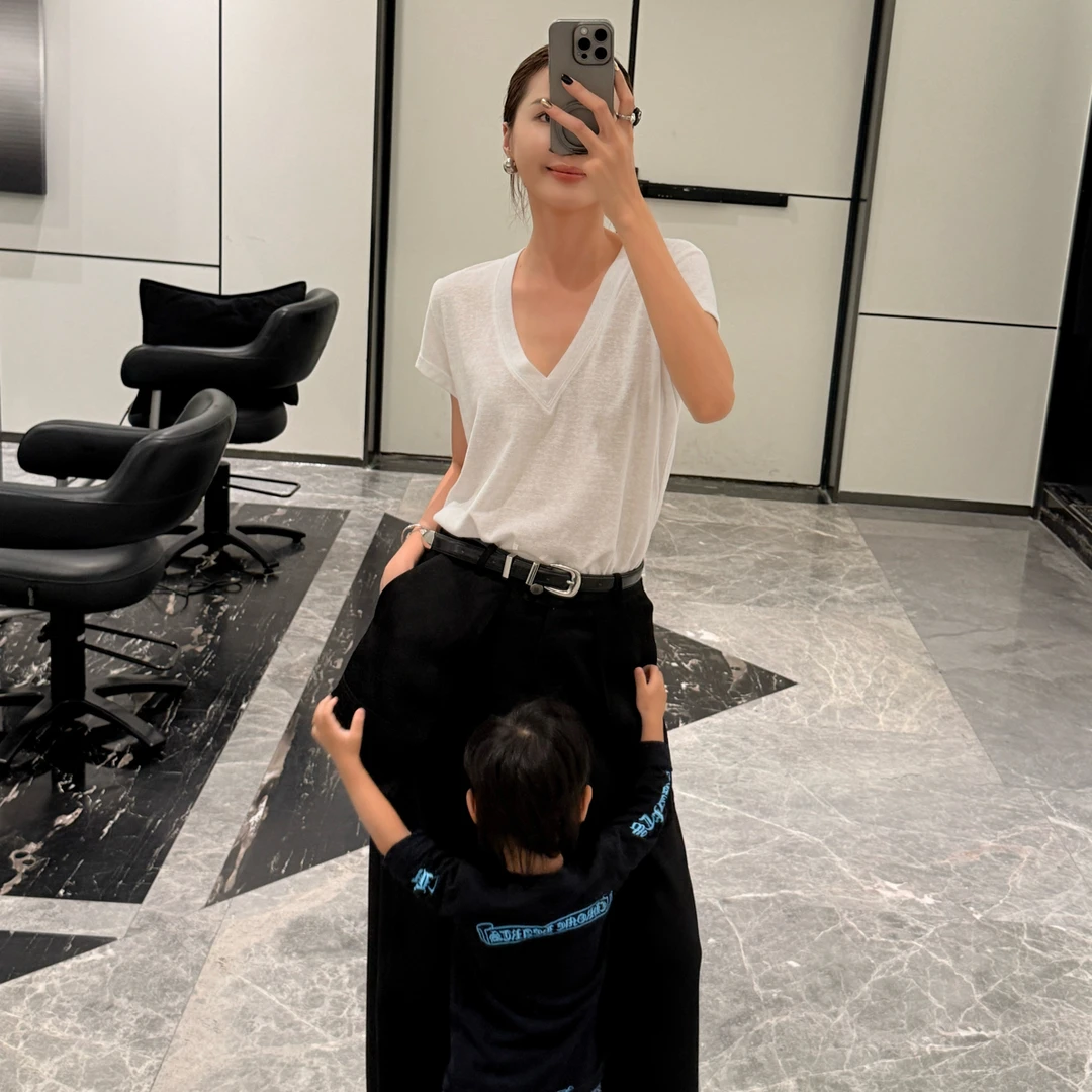 WBHFOR女士夏季薄款宽松V领雪花棉麻短袖T恤纯欲百搭