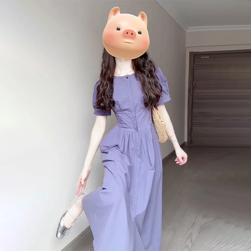 3667法式气质泡泡袖紫色连衣裙子女夏季2024新款小个子高级感长裙