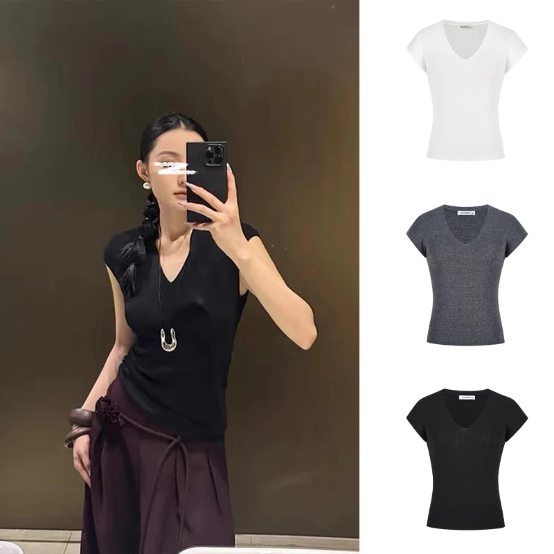 Moses Queen/魔西女王气质正肩V领小飞袖针织上衣修身显瘦背心T恤