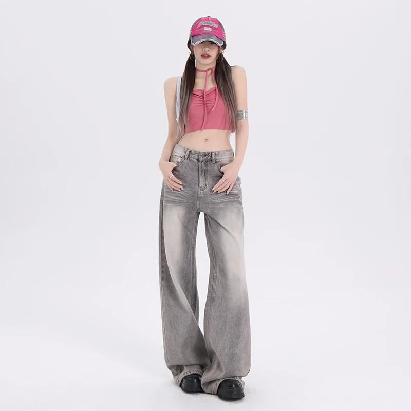 ZZR复古百搭阔腿牛仔裤女新款波纹高腰显瘦宽松直筒长裤