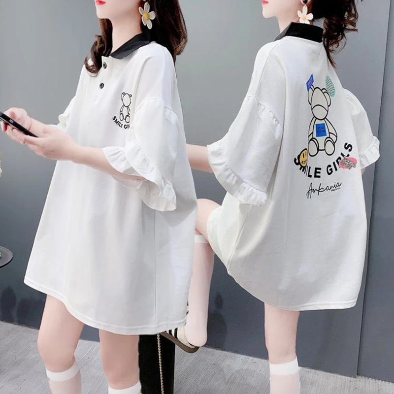 大码女装polo领纯棉短袖T恤女夏季新款韩版宽松百搭卡通半袖上衣