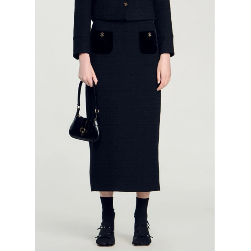 【定单】冬女装法式气质时尚黑色口袋金属扣长款修身直筒半身裙