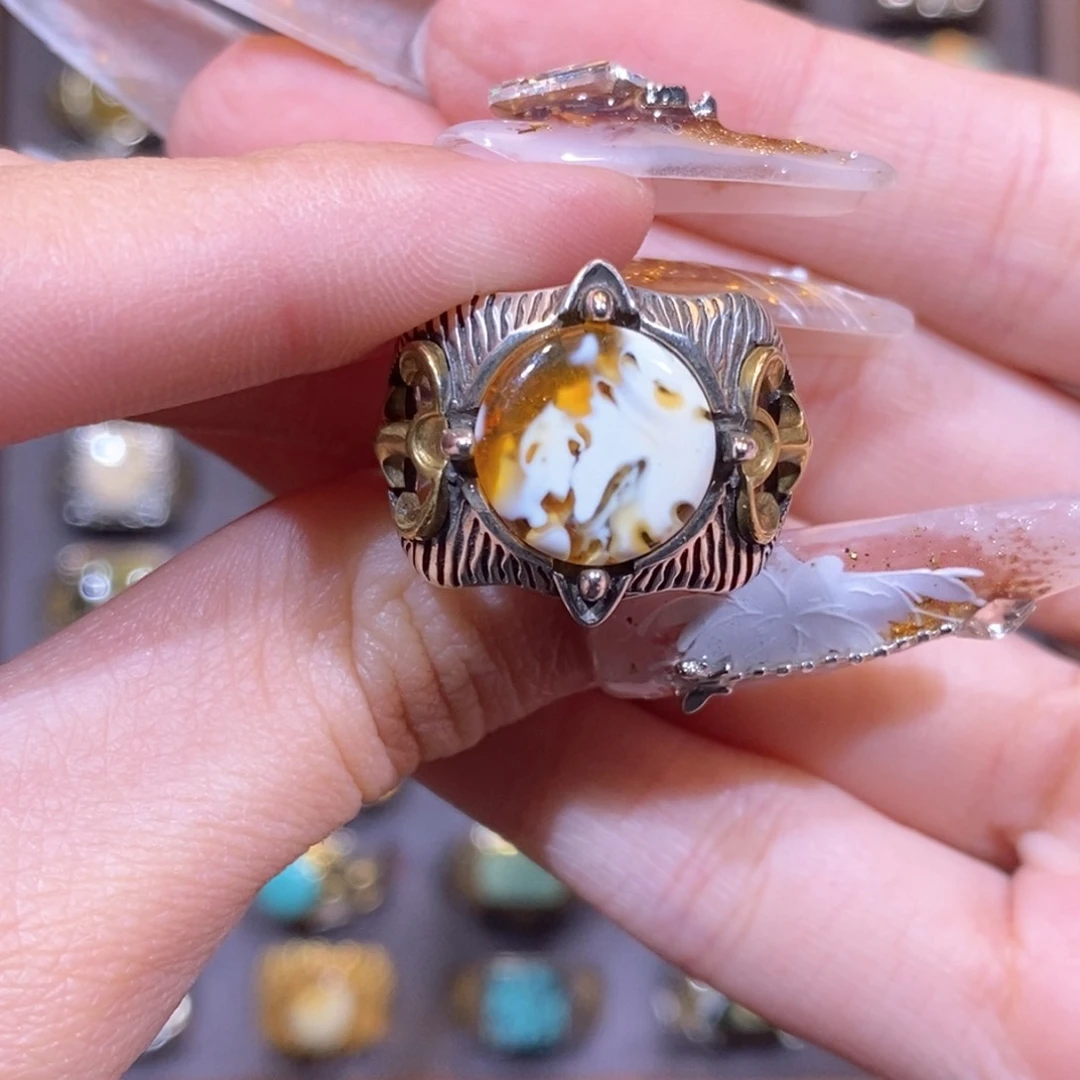 琥珀戒指银S925镶嵌一****?戒指