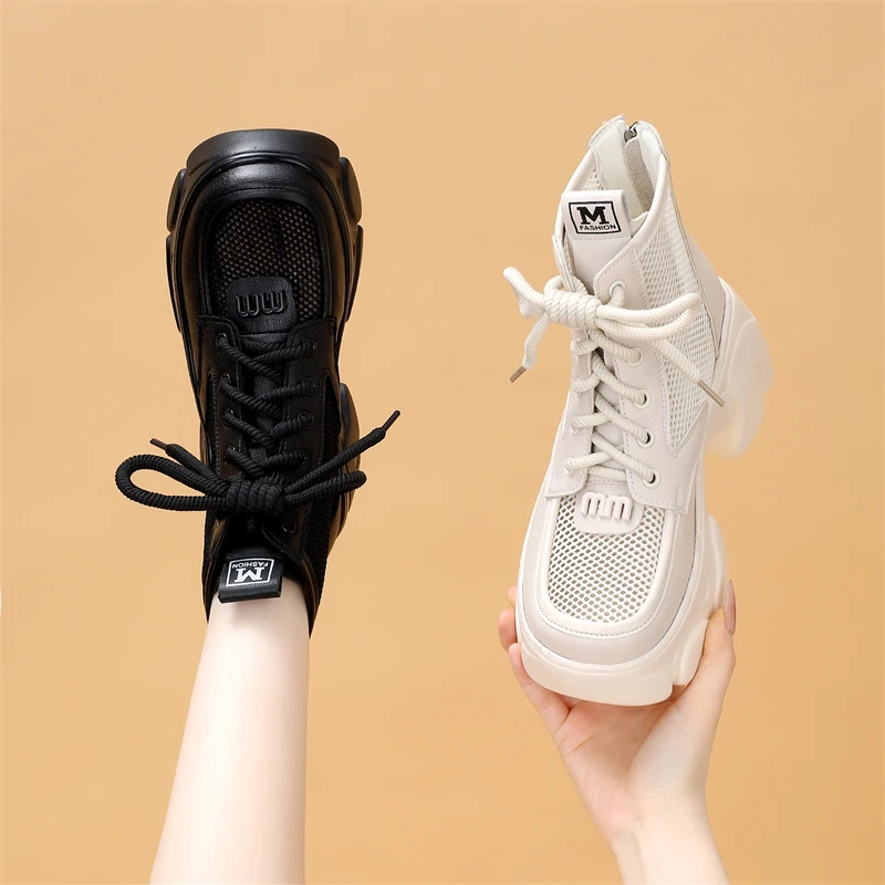 网纱松糕底时尚短靴女2025春季新款小个子增高显瘦舒适软底凉靴潮