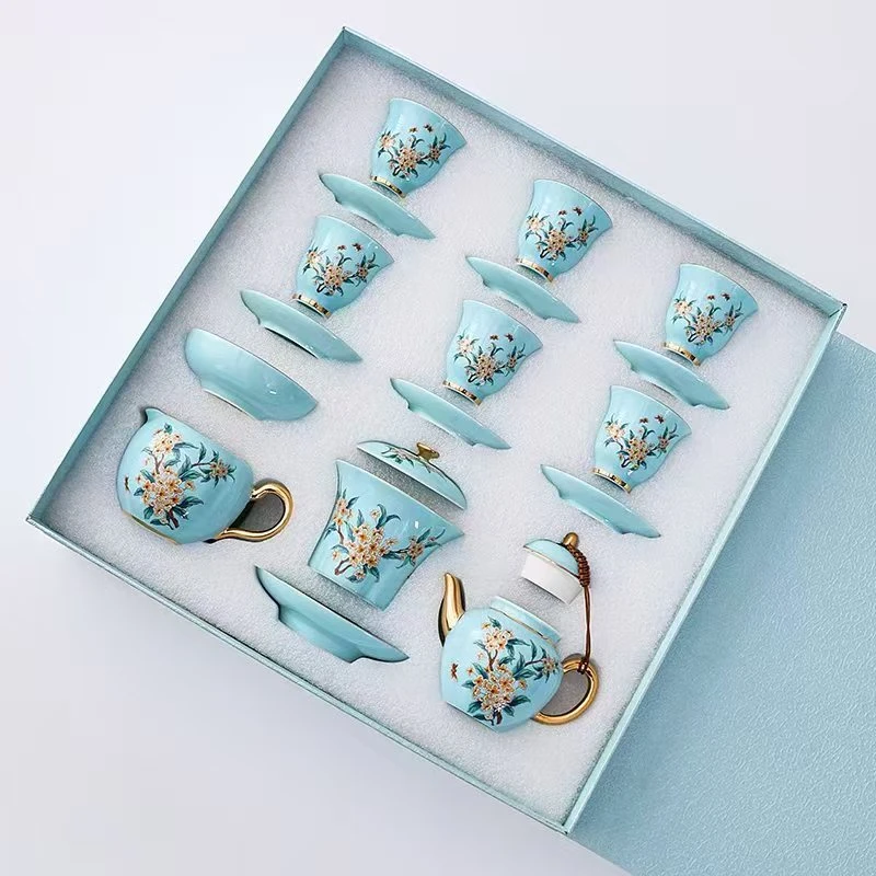 描金轻奢高档功夫茶具套装陶瓷桂花盖碗茶壶茶杯家用送礼礼盒装