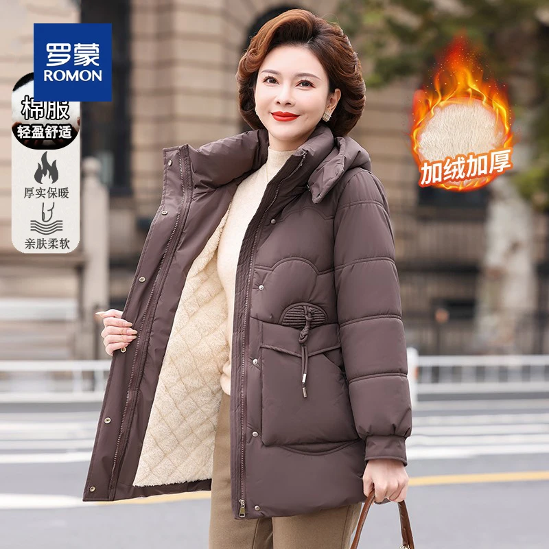 罗蒙妈妈冬装外套中长款加绒棉服中老年人加厚棉衣保暖2025年棉袄