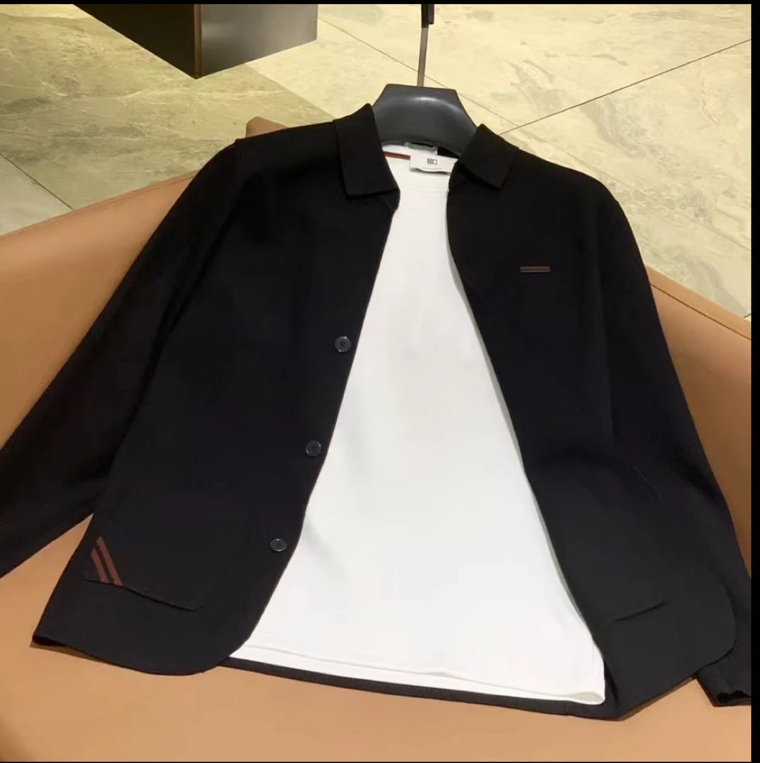 男士翻领黑色休闲商务开衫轻奢高品质针织欧货简约流行百搭款外套