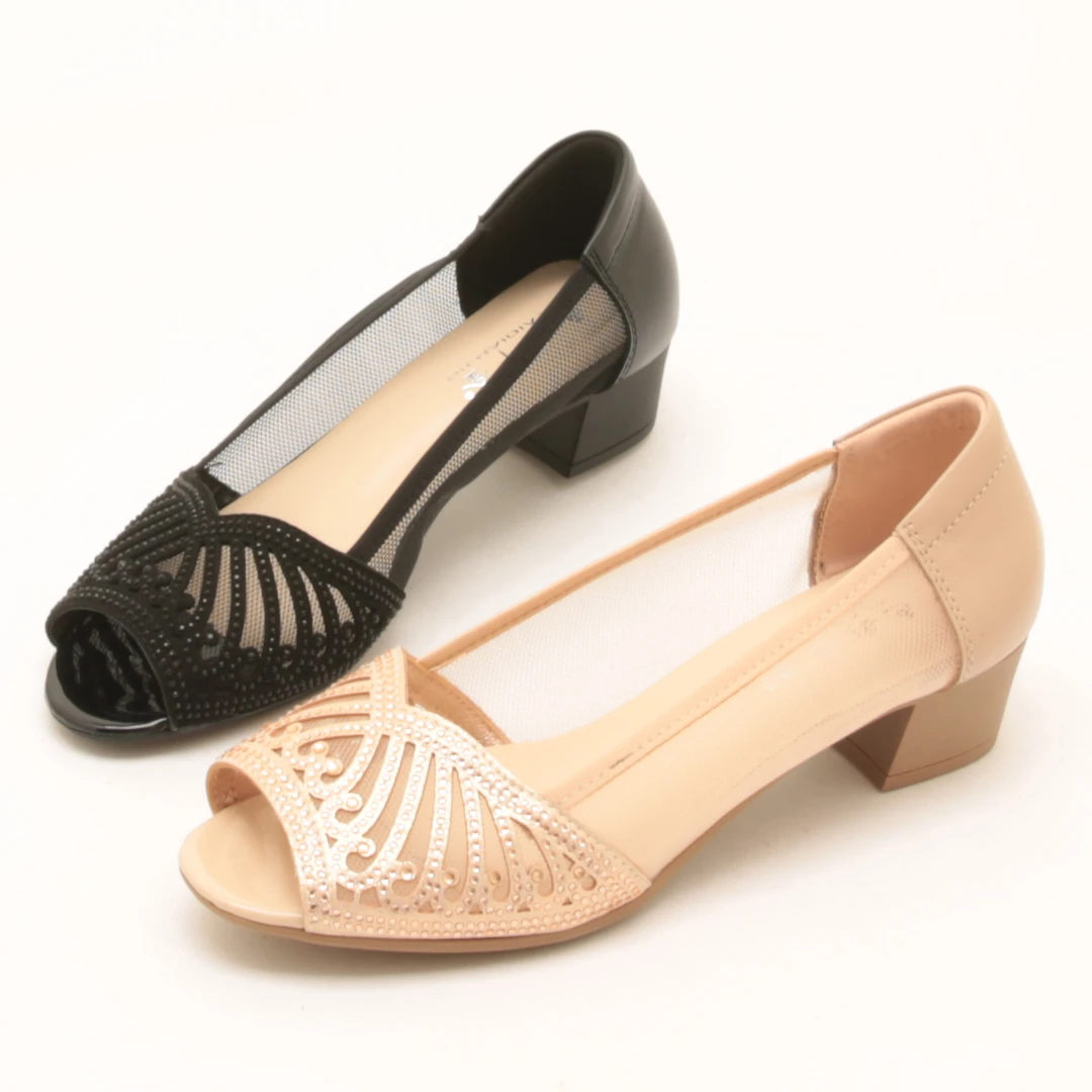 6696夏季新款真皮鱼嘴网纱凉鞋女粗跟镂空网面跟鞋中跟妈妈单鞋