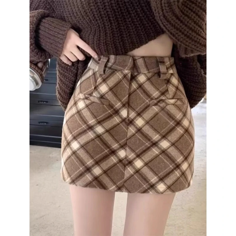 XQ3714#格子半身裙女小个子秋冬高腰显瘦a字半裙复古格纹