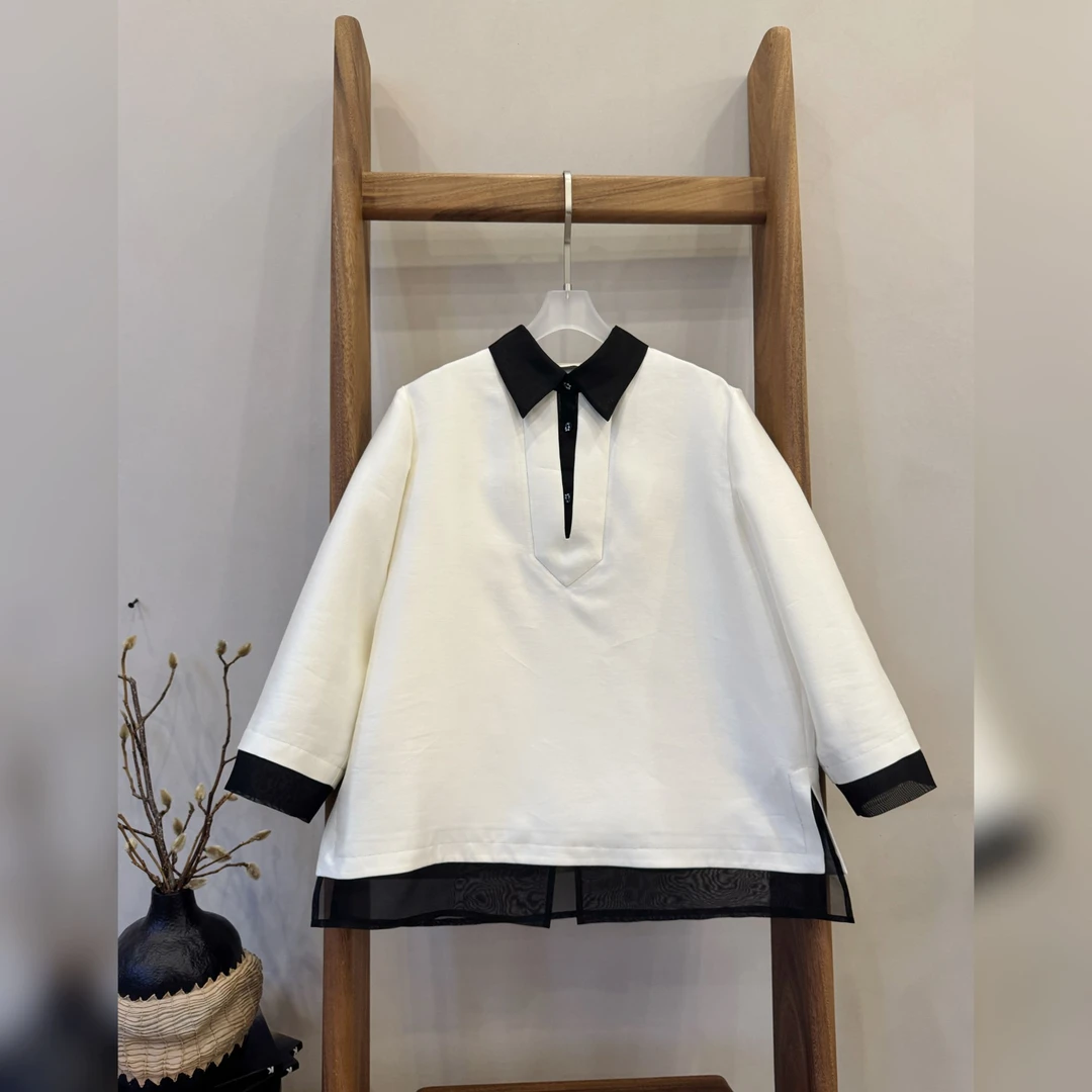 【黄心儿】黑白拼接撞色Polo领丝毛上衣---k2730