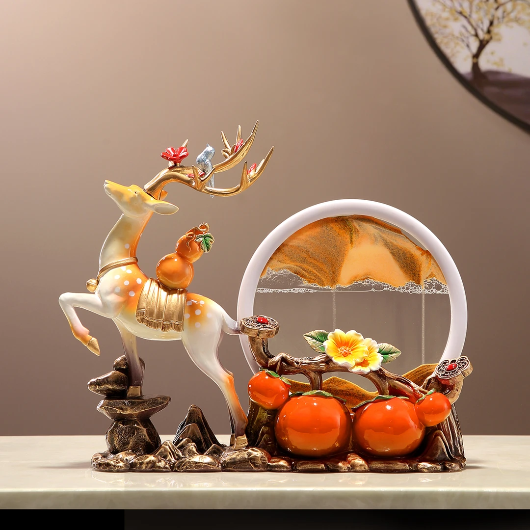 柿柿如意流沙画摆件招财鹿玄关电视柜客厅家居装饰品乔迁新居礼物