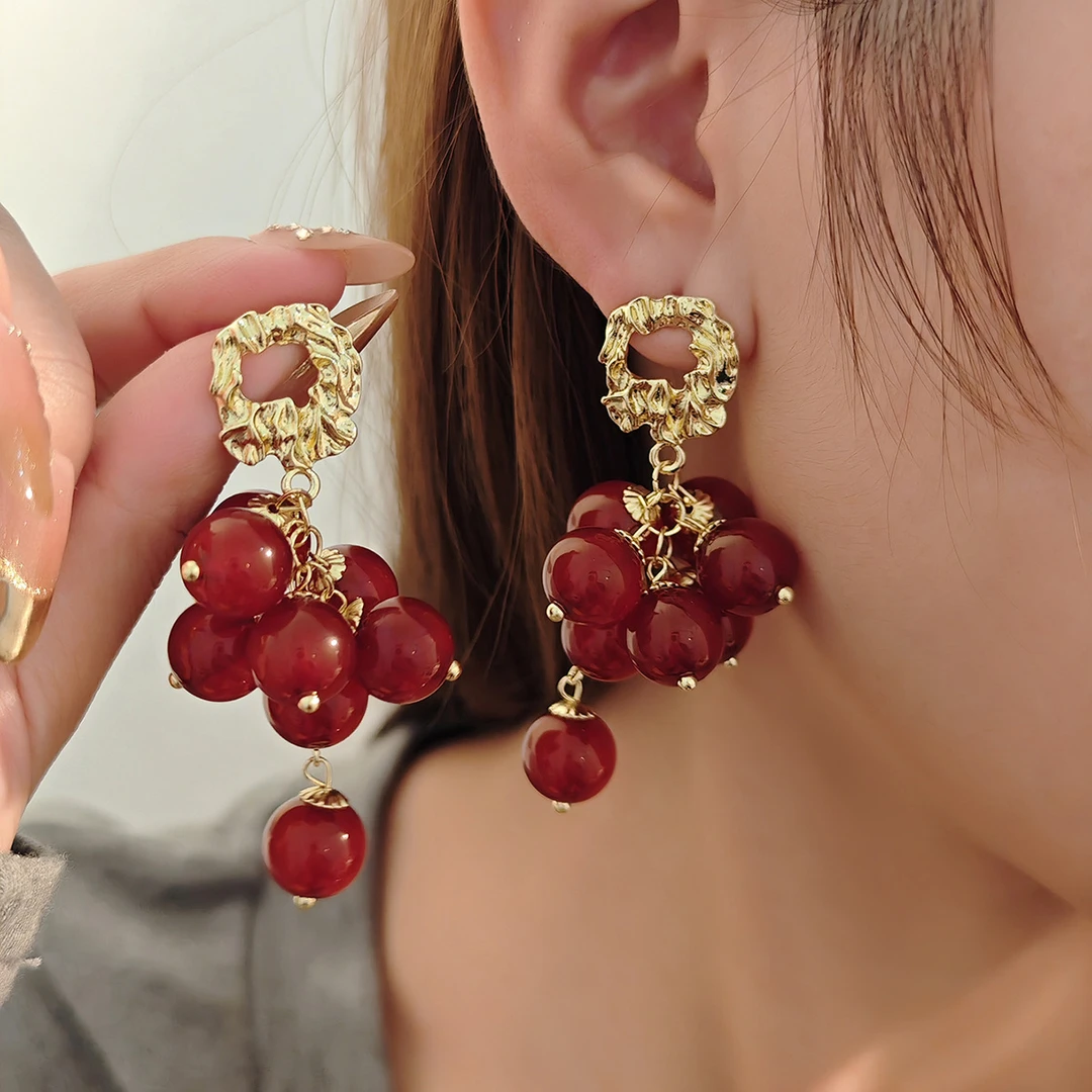 铜合金耳饰 【8184】法式安可拉红色耳环簇拥圆珠耳坠轻奢复古耳饰