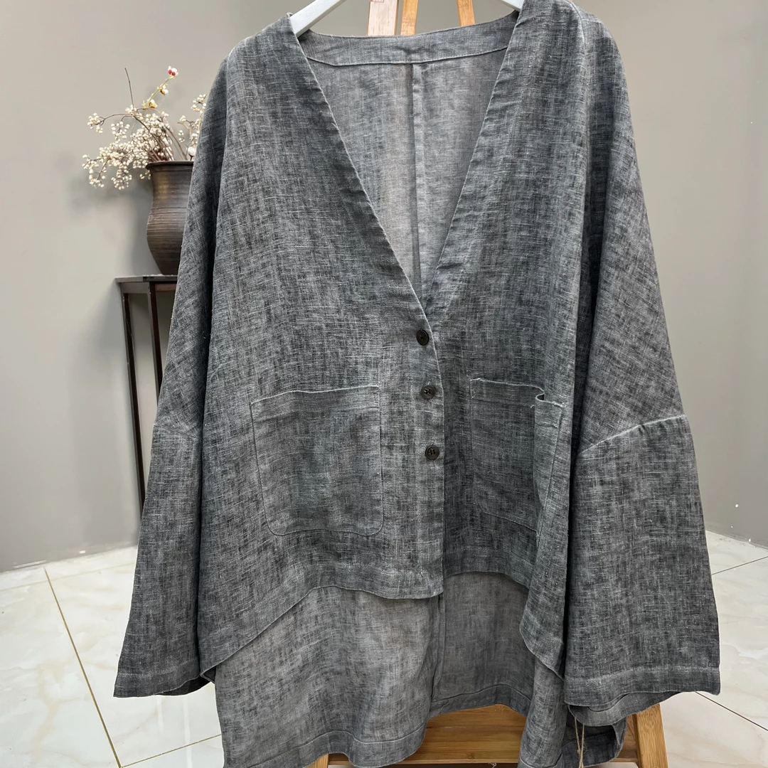 （云礼）茶服设计师款前短后长雨露亚麻100麻（衣长60-80胸围180）