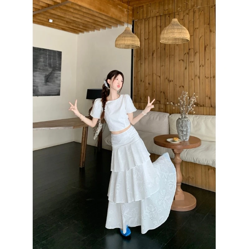 温柔风套装法式甜美短袖衬衫上衣女夏季蛋糕半身裙长裙白色两件套