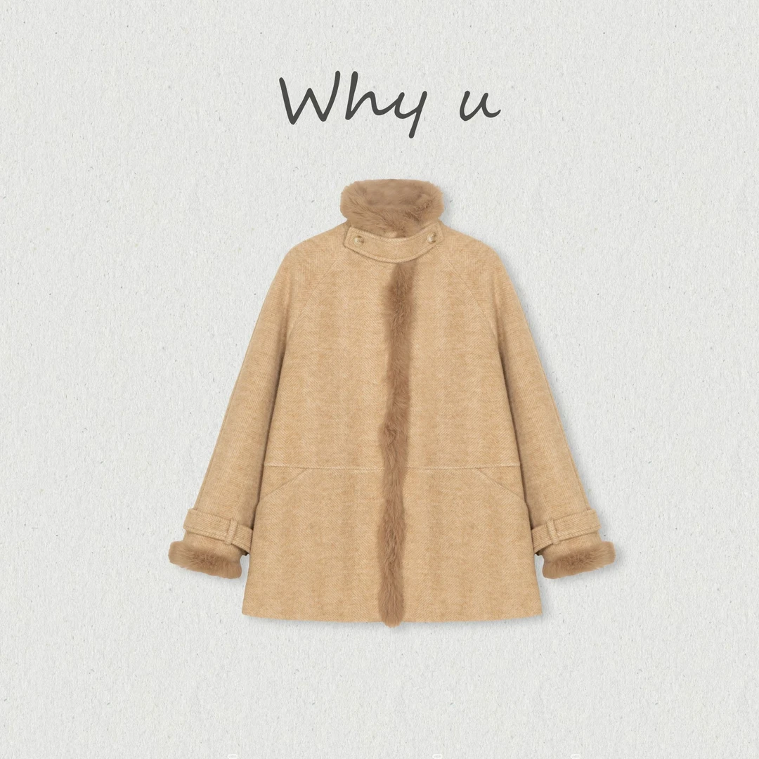 WHY U-25AW羊毛混纺兔毛毛领拼接设计师款外套鹅绒羽绒服【紫菘】