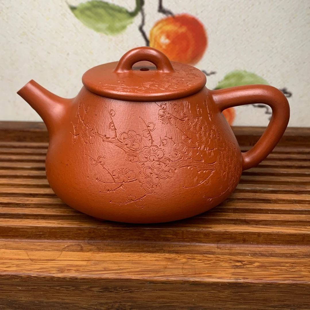 宜兴紫砂壶原矿朱泥150cc全手工制作平盖石瓢刻绘款紫砂茶壶