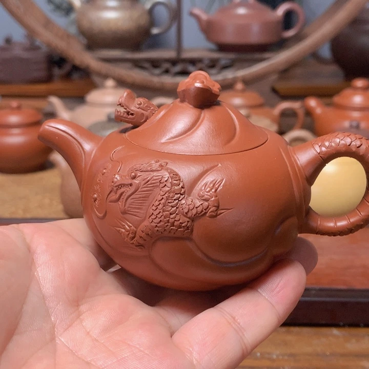 紫砂茶壶鱼化龙朱泥