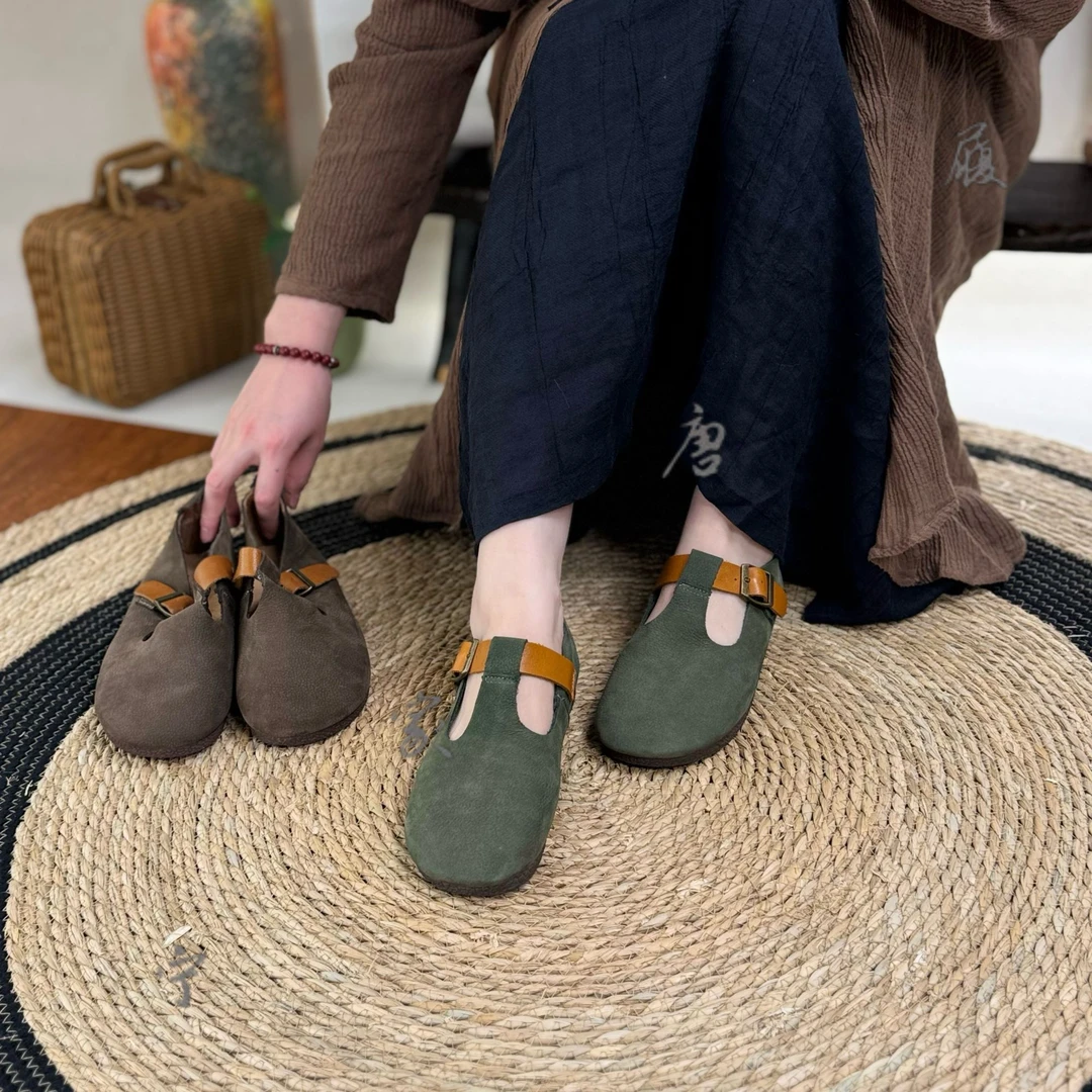 广州真皮女士复古单鞋夏季时尚百搭复古手工真皮女鞋3039软底