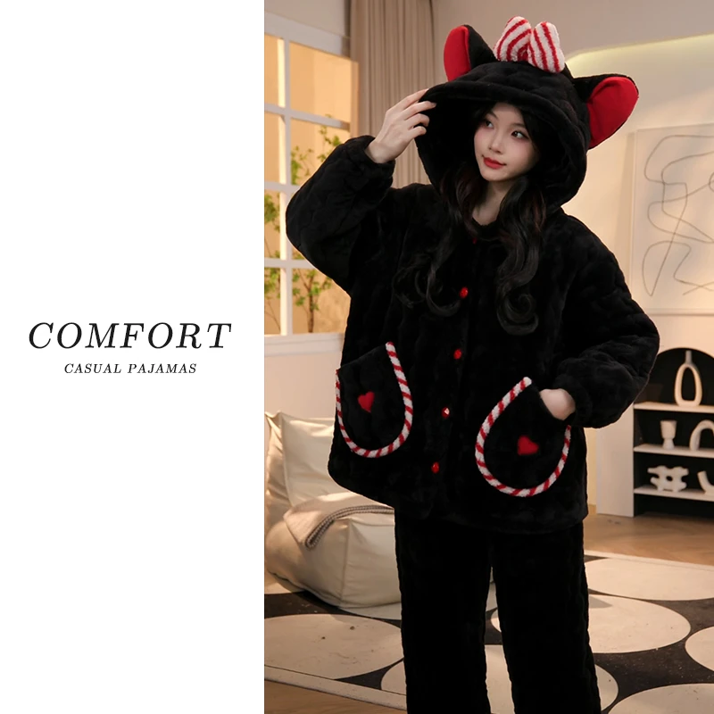 冬季款三层夹棉睡衣女加绒保暖雪花绒百搭可外穿加厚家居服套装
