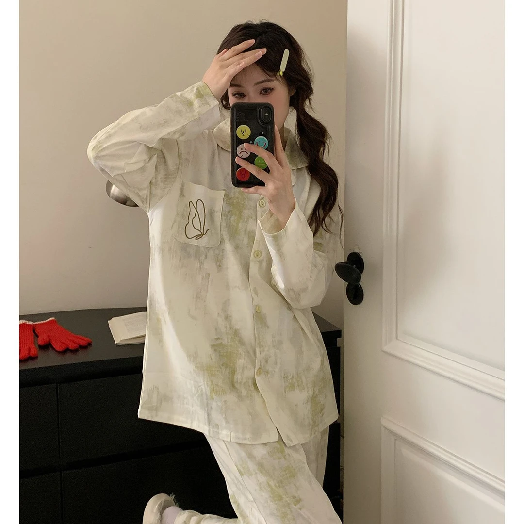 睡衣女纯棉长袖2025年春秋季新款可外穿口袋刺绣休闲家居服套装