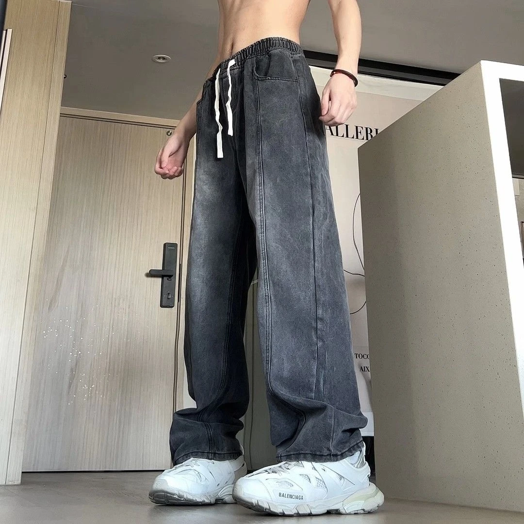 春秋季水洗渐变牛仔裤男款复古潮牌宽松直筒长裤高街抽绳休闲裤子