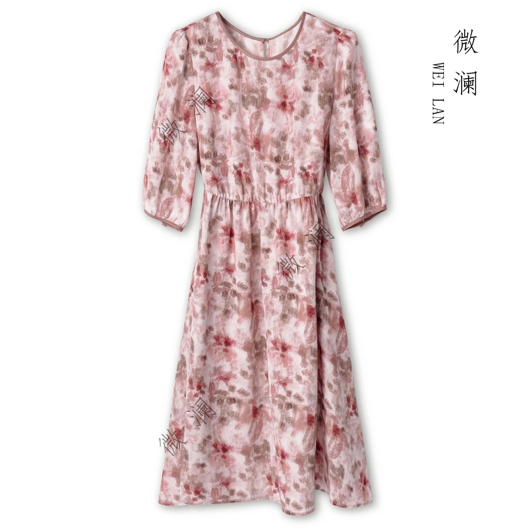 【洛神】休闲复古国风新中式同色桑蚕丝气质印花时尚连衣裙ZL5087-1