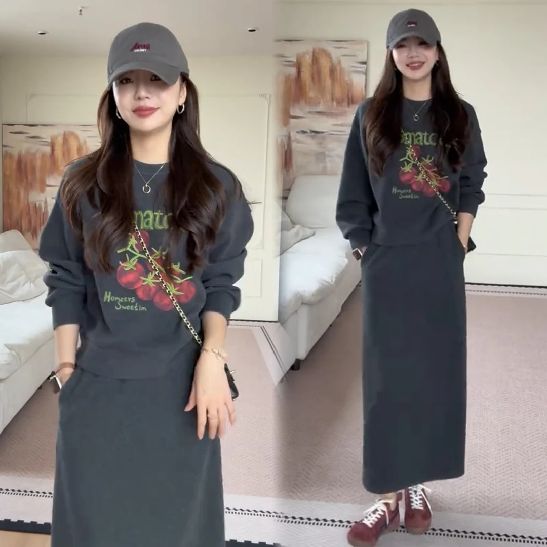 拉夏贝尔时尚套装女2025秋季新款洋气宽松显瘦百搭半身裙两件套潮
