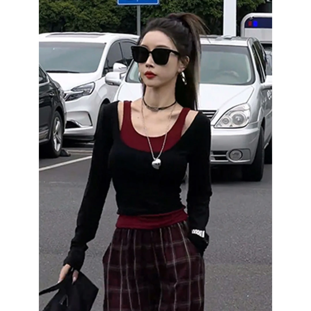 早秋美式辣妹挂脖打底衫女春秋内搭长袖T恤假两件短款小个子上衣