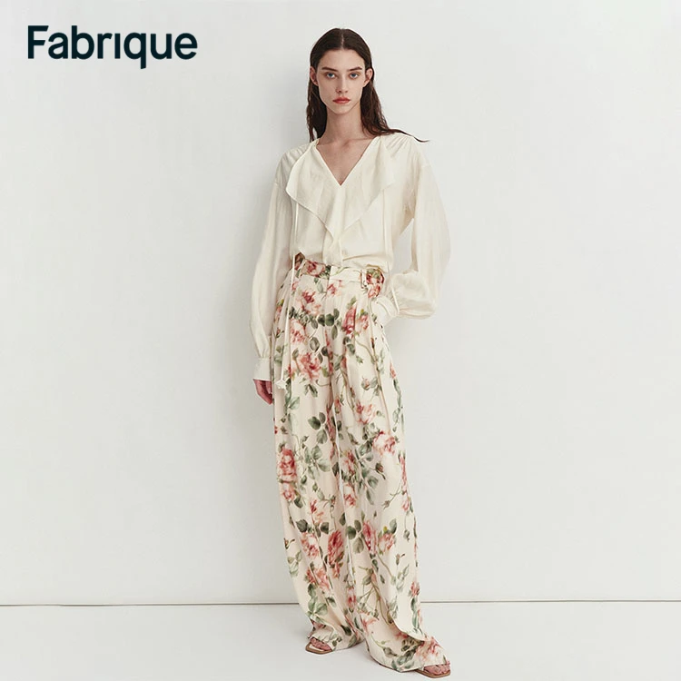 Fabrique午后恋人香槟玫瑰印花桑蚕丝复古法式长裤女