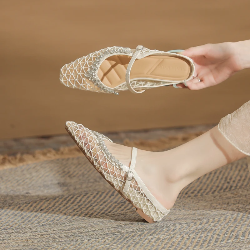 小个子内增高包头半拖2025新款尖头水钻玛丽珍软底穆勒鞋凉鞋女