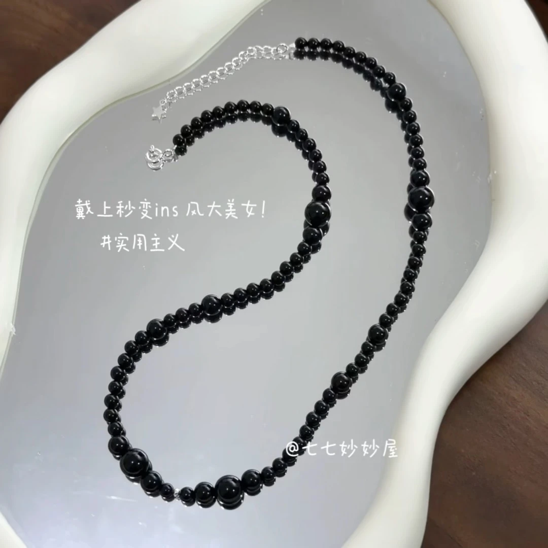 天然渐变大小黑玛瑙925银配饰项链